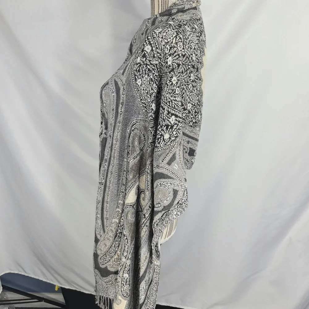 Designer Black & Off-White Shawl Scarf Wrap with Fringed Edges Very Soft